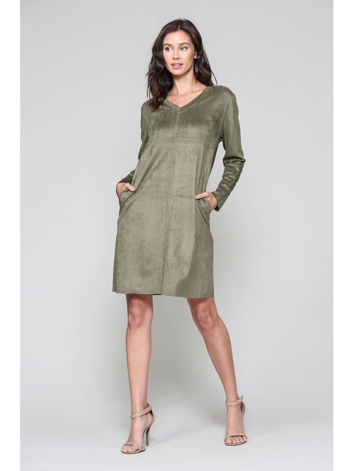 Joh Apparel – wholesale Dress – Women's – Aurora Stretch V-Neck Suede Dress with Pockets