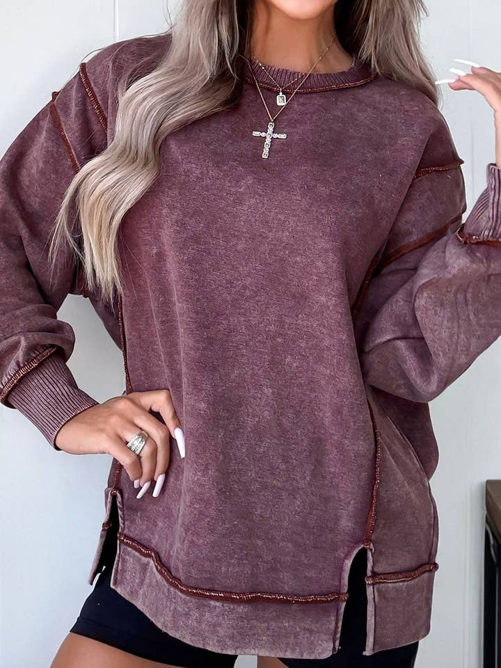 Sandalwood Mineral Wash Exposed Seam Side Slit Sweatshirt for wholesale by Secret Style Source