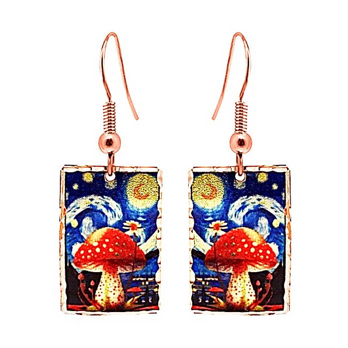 TR 10 Starry night red mushroom Celestial dangly earrings for wholesale by COPPER ARTS INC.