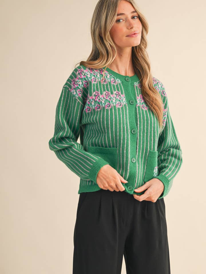 &MERCI - Wholesale Cardigan - Women's - STRIPED FLORAL SWEATER CARDIGAN MSW110587