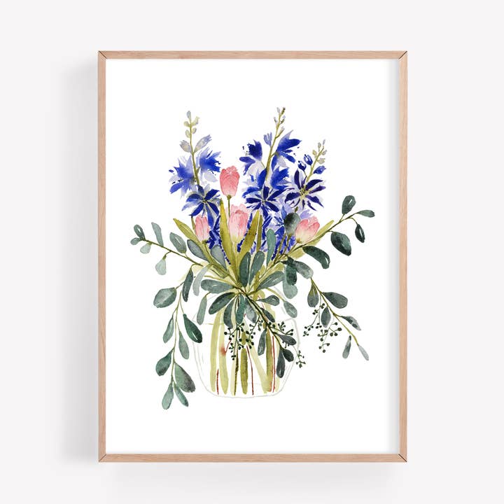 Impression d'art aquarelle sur le bouquet de delphinium dans un vase pour la vente par Farmcliff Studio
