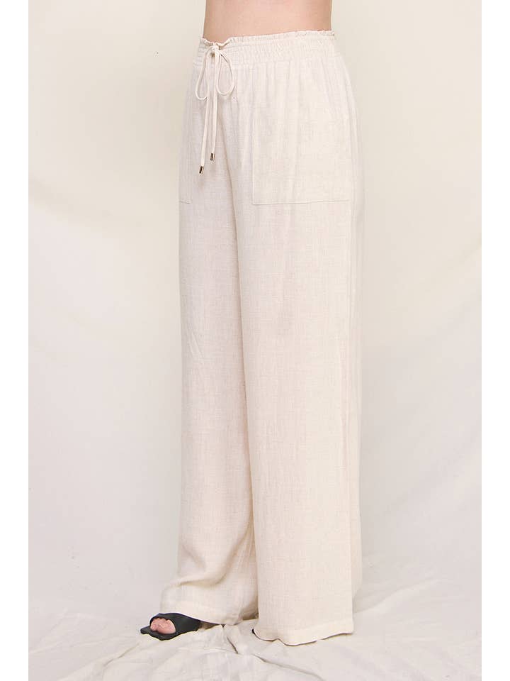 Allie Rose - Vente Pantalon – femme - Pantalon large en lin doux grande taille avec taille froncée1