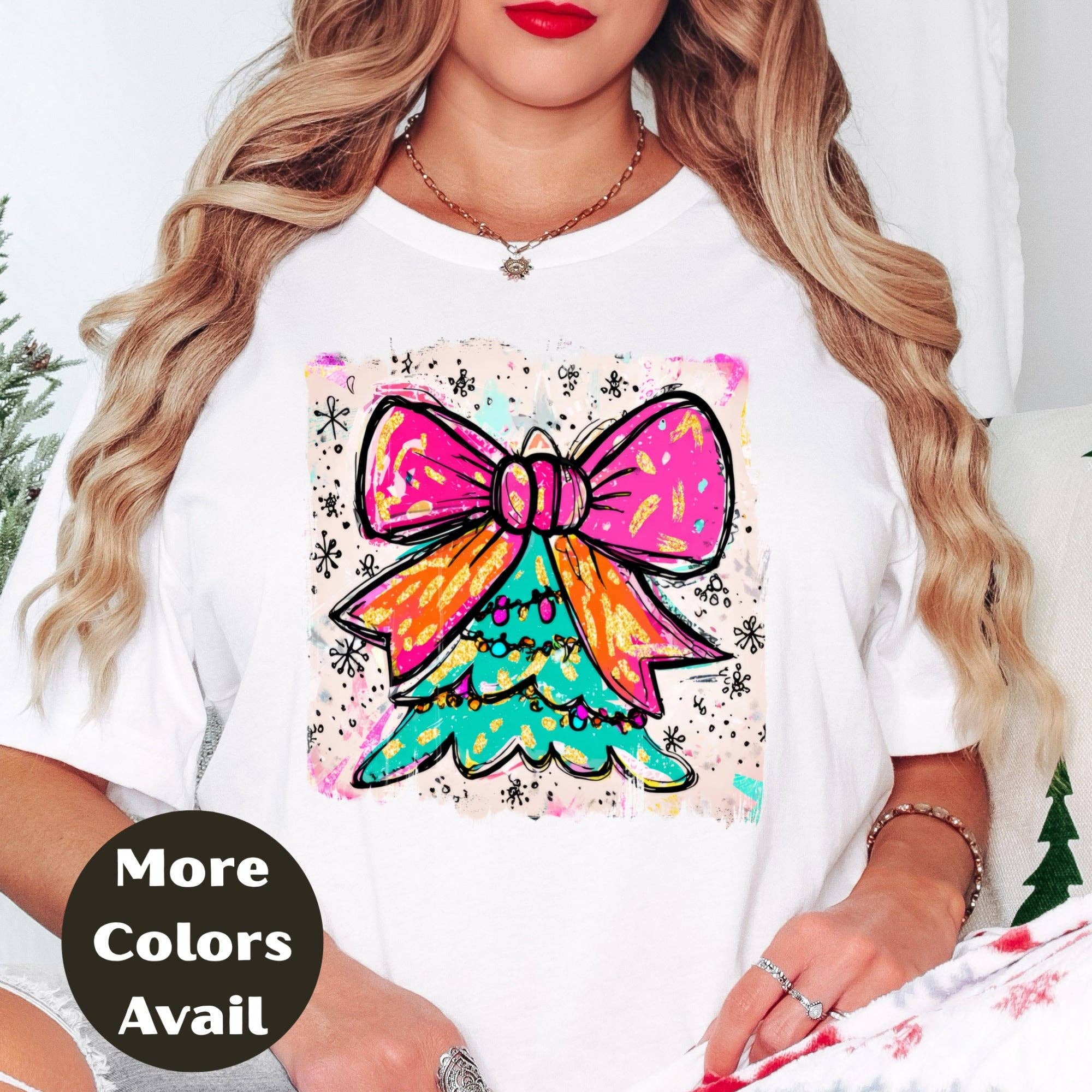 Epic Life  - Designed – wholesale Screen printed t-shirt – Women′s – Bright Bow Christmas Tree Shirt – Neon Holiday Tee S-4XL – Colorful Festive Christmas Top – Funky Tree Shirt – Multiple Colors0