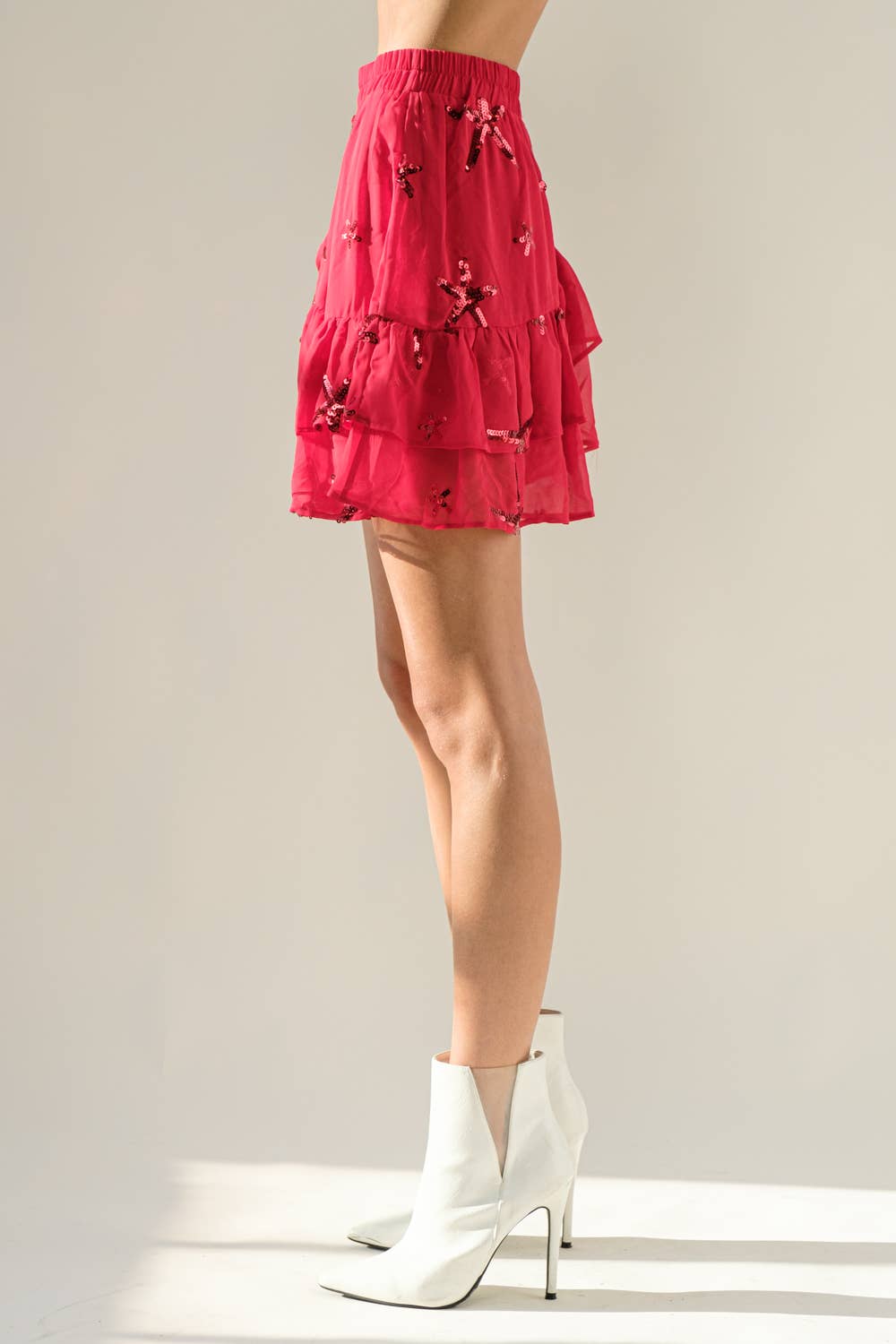 RØD 32425S - Chiffon Stjerne Paillet Print Asymmetrisk Nederdel for engroshandel på Faire6