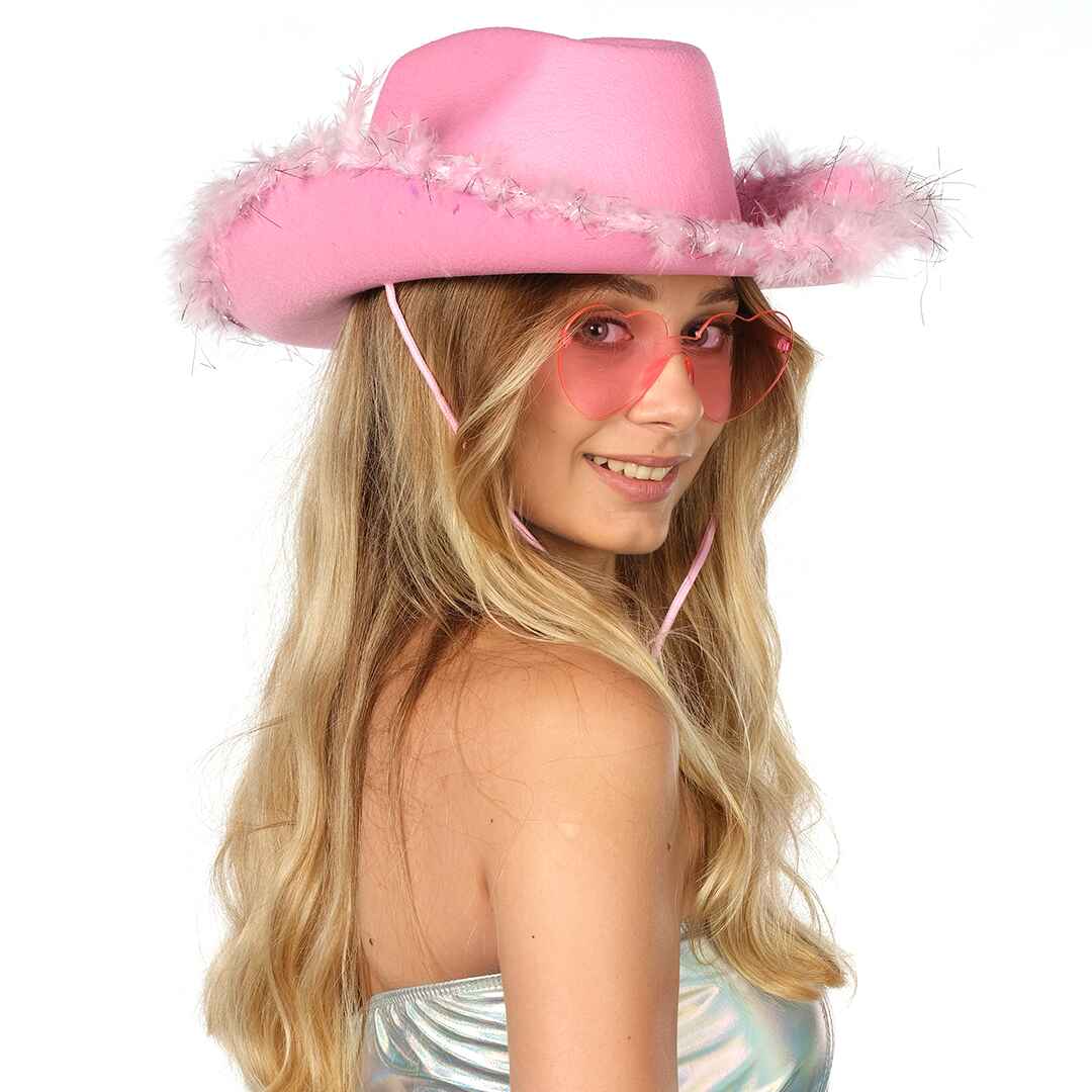 Funcredible – Großhandel Cowboyhut – Damen – Rosafarbener Cowgirlhut mit Brille -Rosa Cowboyhut mit Federn3