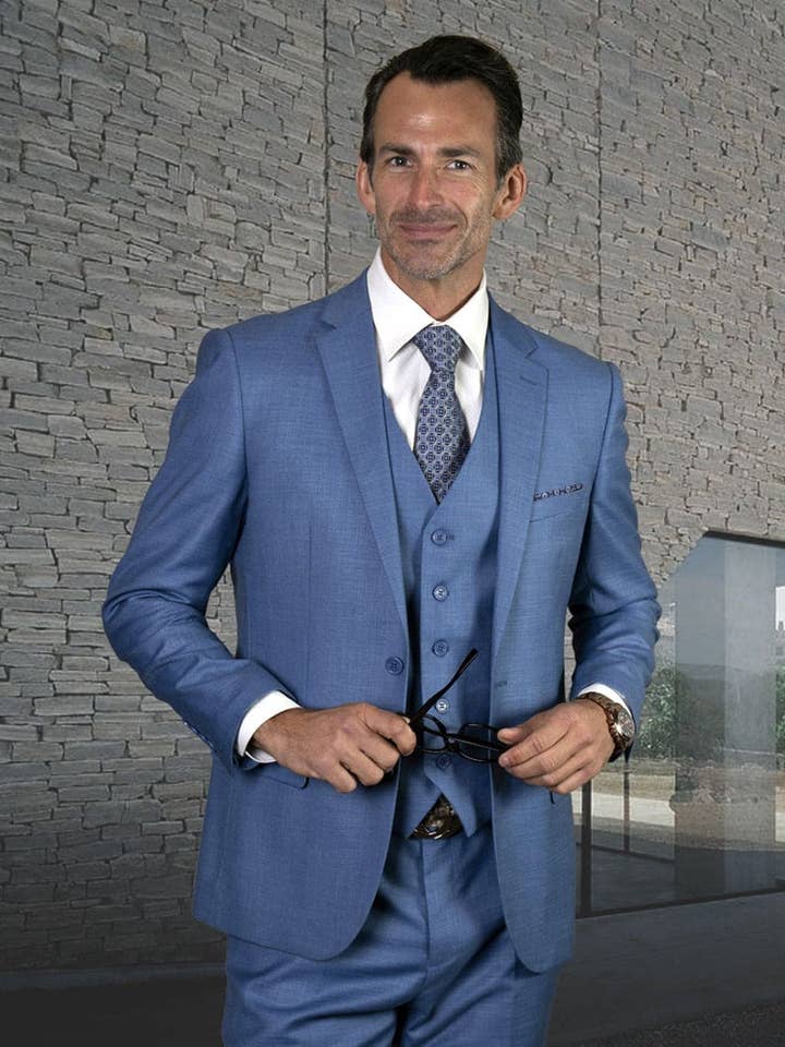 Mens 2 Button Slim Fit Vested Wool Suit in Steel Blue for wholesale by Alberto Nardoni