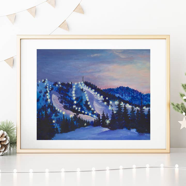 Bogus Basin Night Skiing Art Print - Non-Archival Fine Art Prints - Wall Art for wholesale by Sarah Terrell Illustration & Design