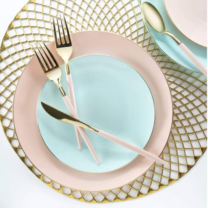 Luxe Party - Wholesale Dinner Plate - Round Mint • Gold Plastic Plates | 10 Pack