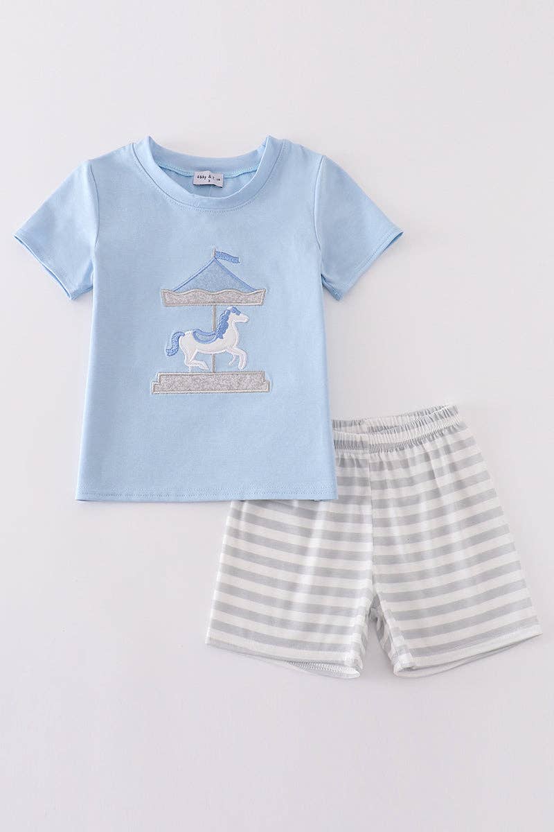 Aspen Rain Boutique - Wholesale Top & Short Set - Kids - Blue carousel applique boy set0