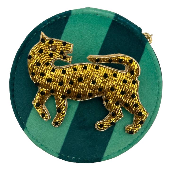 Jewellery Travel Pot in teal stripe - Leopard brooch for wholesale by Sixton London
