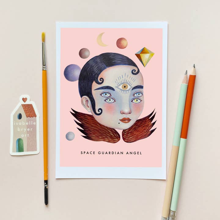 Isabelle Bryer Art - Wholesale Everyday Greeting Card - Space Guardian Angel Card – Surreal Celestial 5"x7" Art