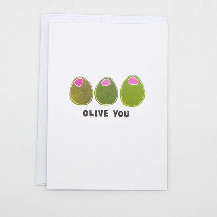 Olive You Pun Card – Funny and Sweet Love Design for wholesale by Kim Dettmer Art