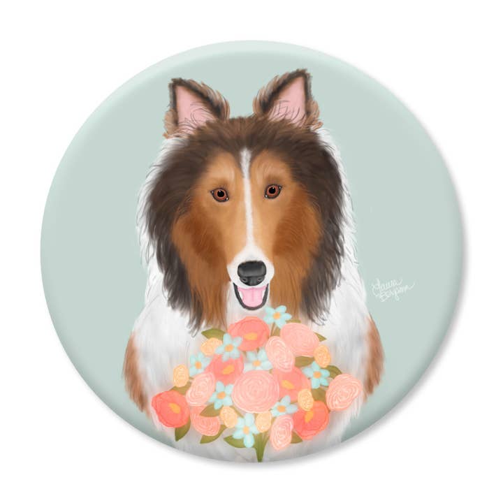 Laura Bergsma Studio - Wholesale Magnet - Collie Dog Magnet, Collie Flowers