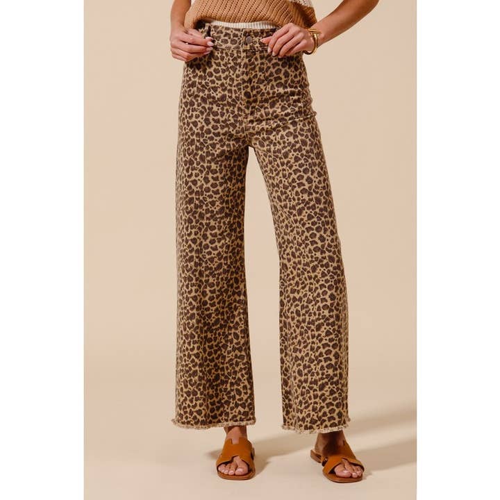 MID RISE LEOPARD DENIM FRAYED HEM WIDE LEG PANT for wholesale on Faire
