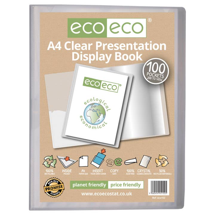 Libro di presentazione A4 Clear 50% riciclato con 100 tasche e scatola per la vendita all'ingrosso da parte di eco-eco Stationery Ltd