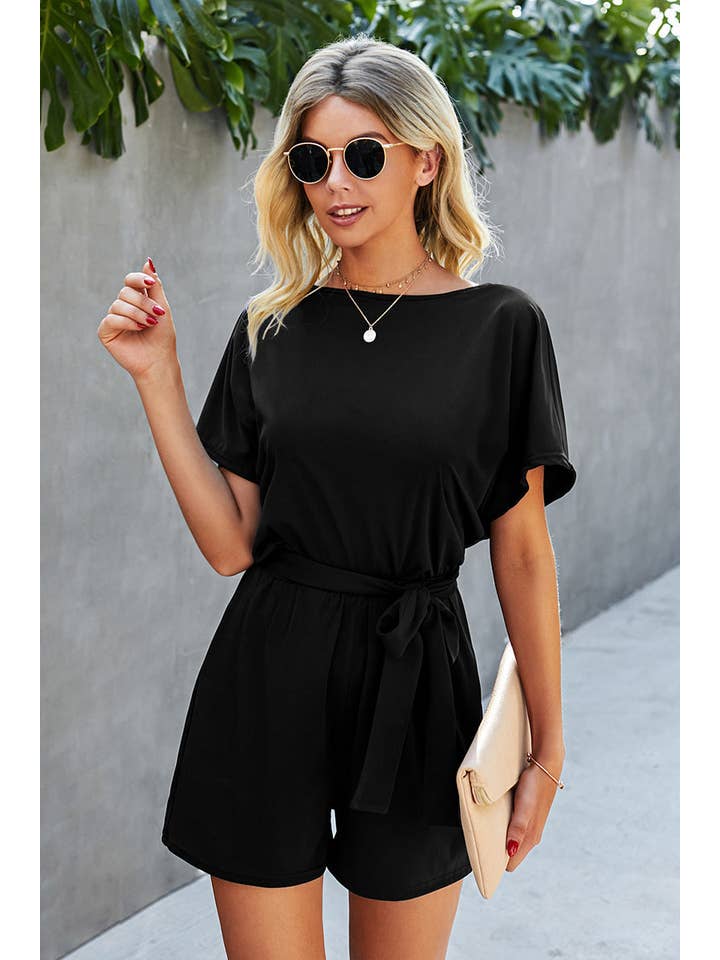 Supreme Fashion - Wholesale Romper - Women's - Boat Neck Short Sleeve Waist Tie Loose Romper