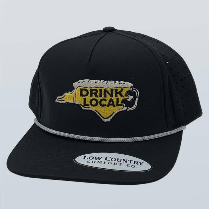 North Carolina Drink Local Black Performance Hat for wholesale by Riverbed Threads
