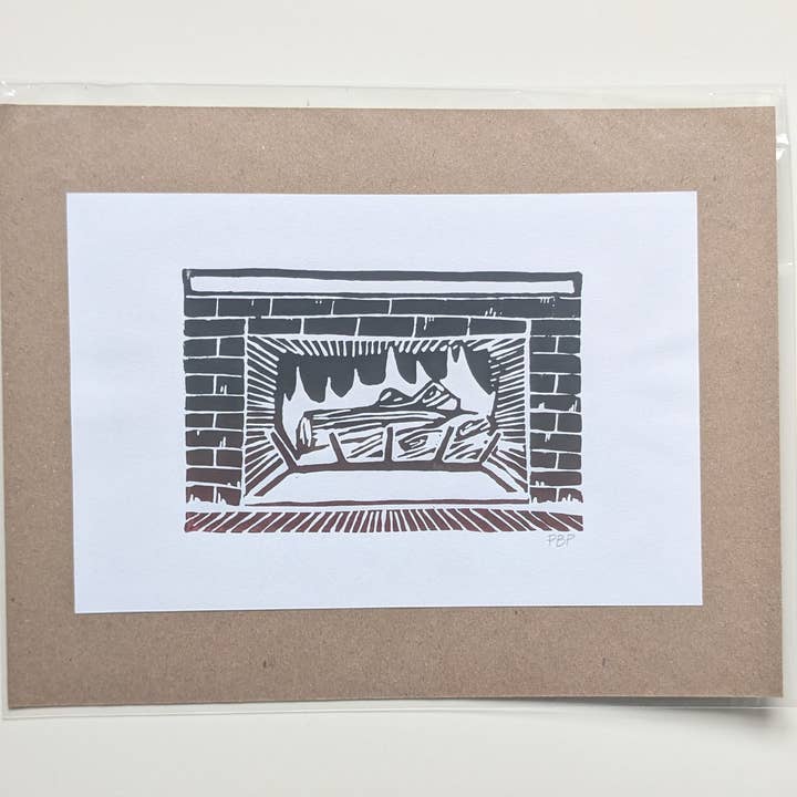6x9 Hand-carved Linocut Print: Fireplace🔥 for wholesale by Peach Butter Prints