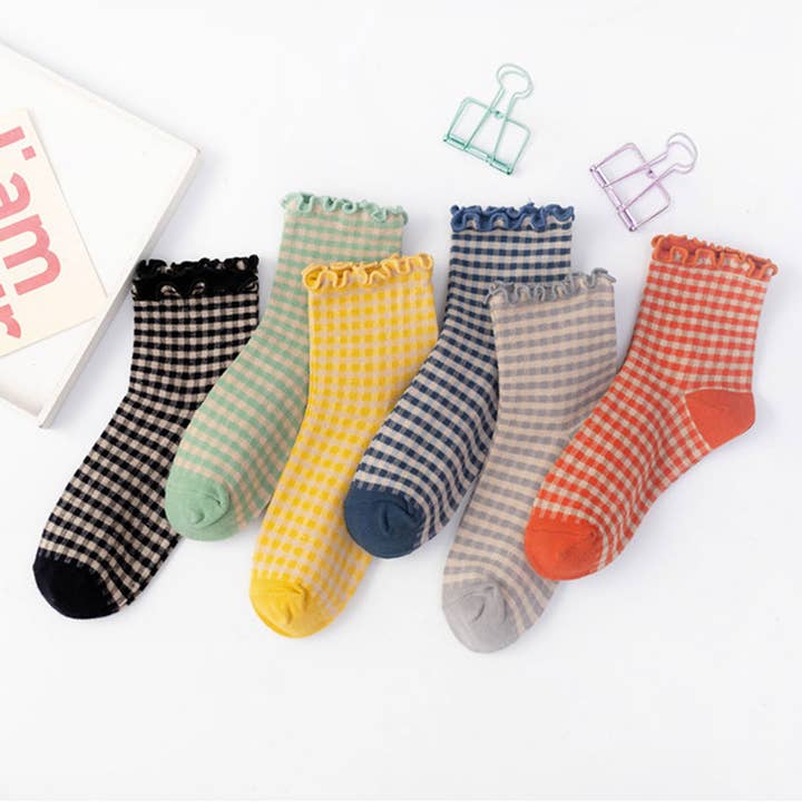 ACCITY - Wholesale Socks - Women's - CHECK PLAID PATTERN RUFFLE CREW SOCKS FOR WOMENS_CWMS065