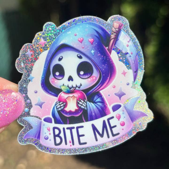Bite Me Spooky Glitter Sticker for wholesale by Awfullynerdy.co