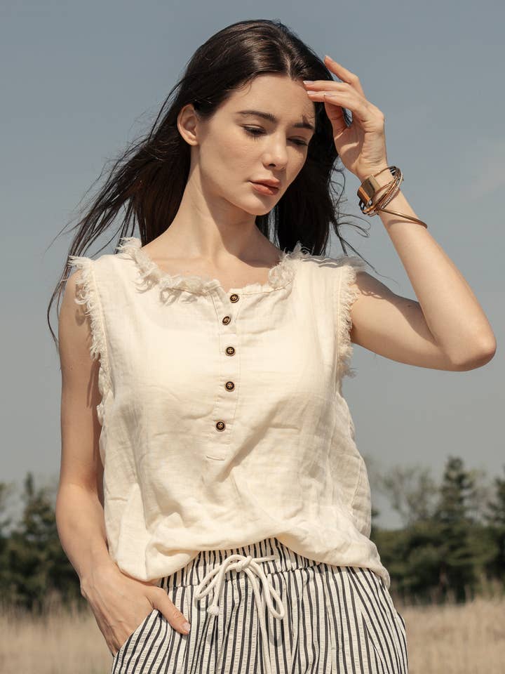 Sleeveless Henley Top with Raw Hem Sleeves for wholesale by Mello.