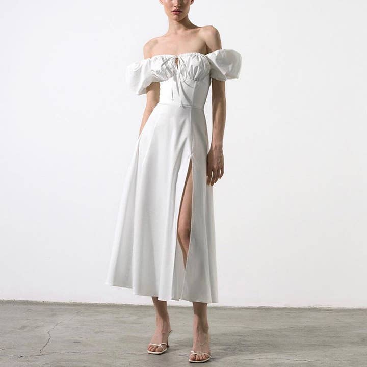 lilyandlaceboutique – wholesale Klänning - Dam – Bubbelärm Solid Färg Knyten Hög Slits Maxi Klänning