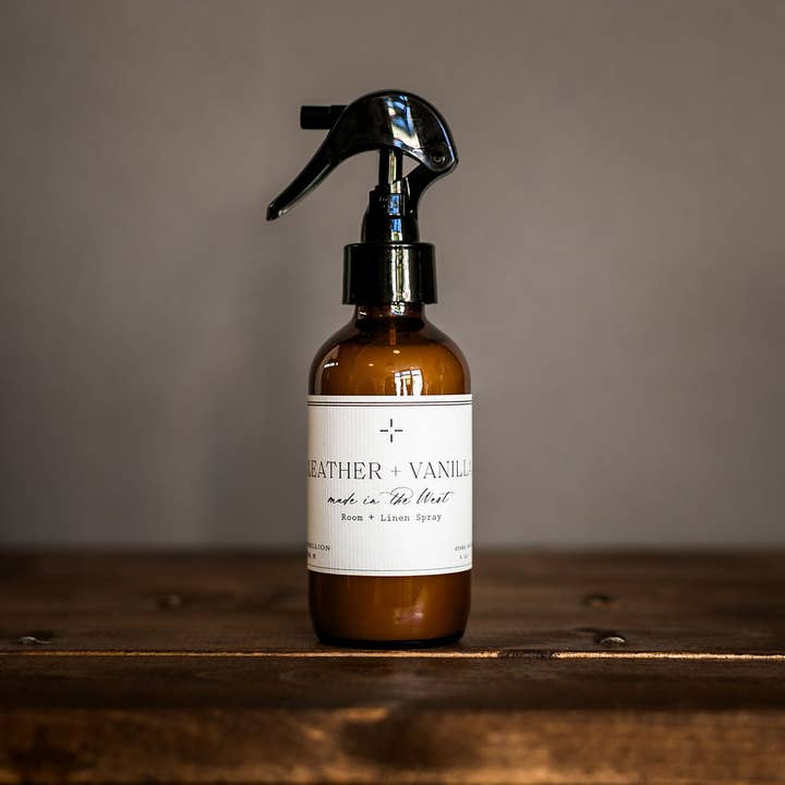 Leather + Vanilla Room + Linen Spray 4 oz. for wholesale by R. Rebellion