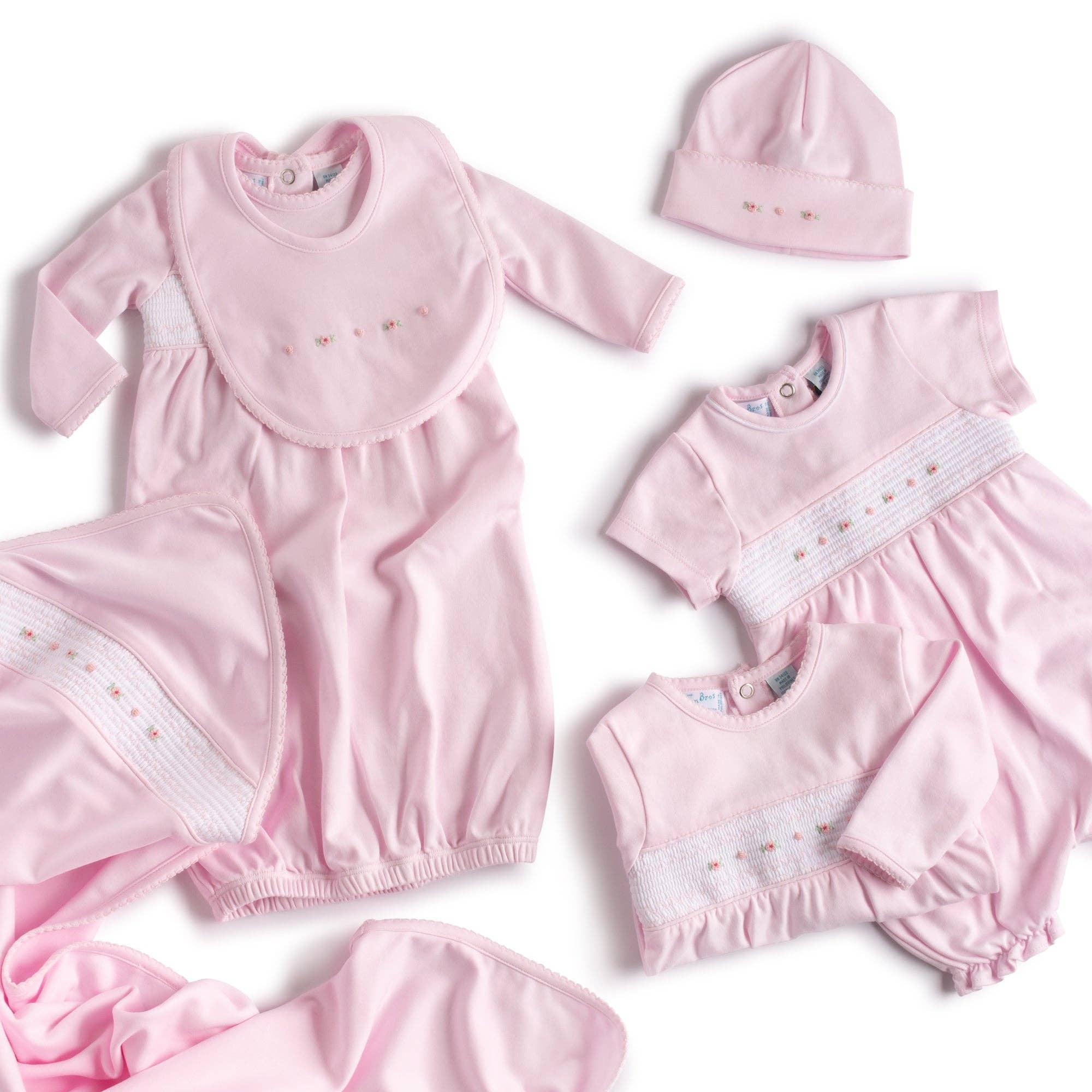 Pink Baby Girl`s Smocked Flower Gown and Hat for wholesale on Faire2