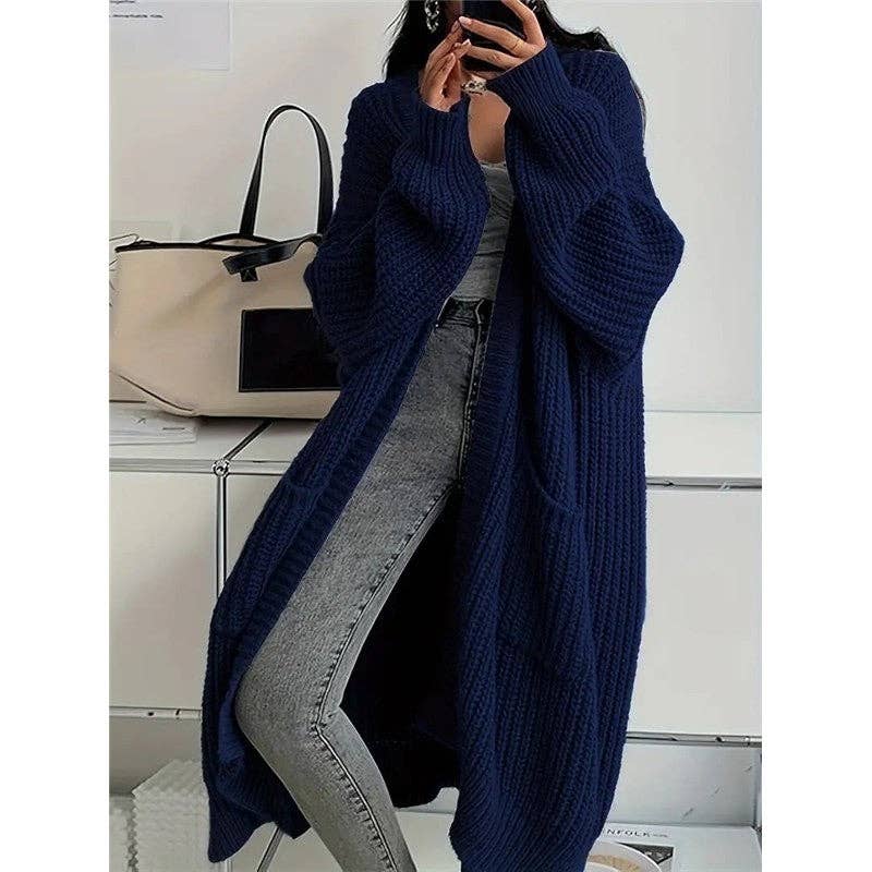 Plush Looks - Wholesale Cardigan - Women's - Thick Mid-Length Loose Knit Sweater Coat0