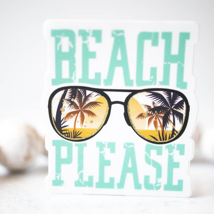Beach Please, Sunglasses, Clear, Vinyl Sticker, 3x3 in. for wholesale by Savannah and James Co