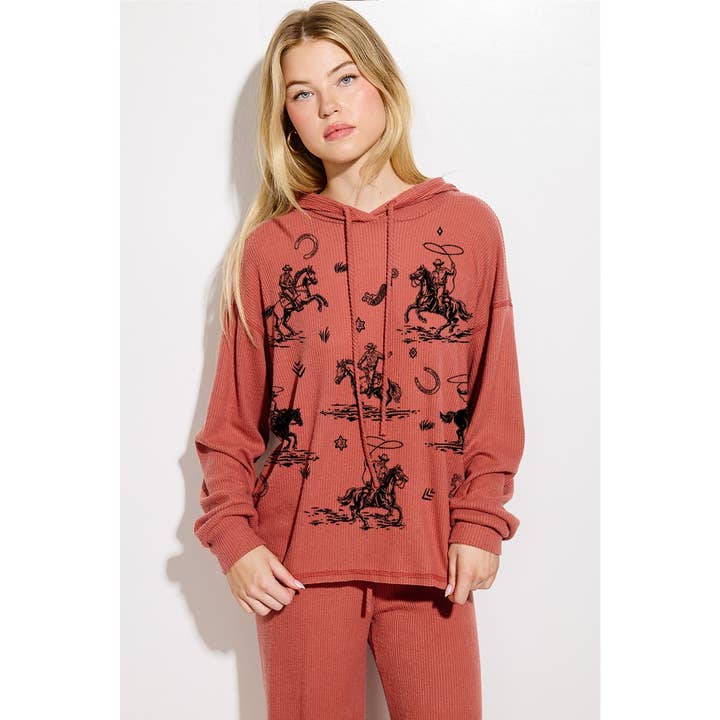 Phil Love - Venta al por mayor Conjunto de ropa cómoda - Mujer - Conjunto de ropa de salón con capucha y estampado de canalé Desert Cowgirl