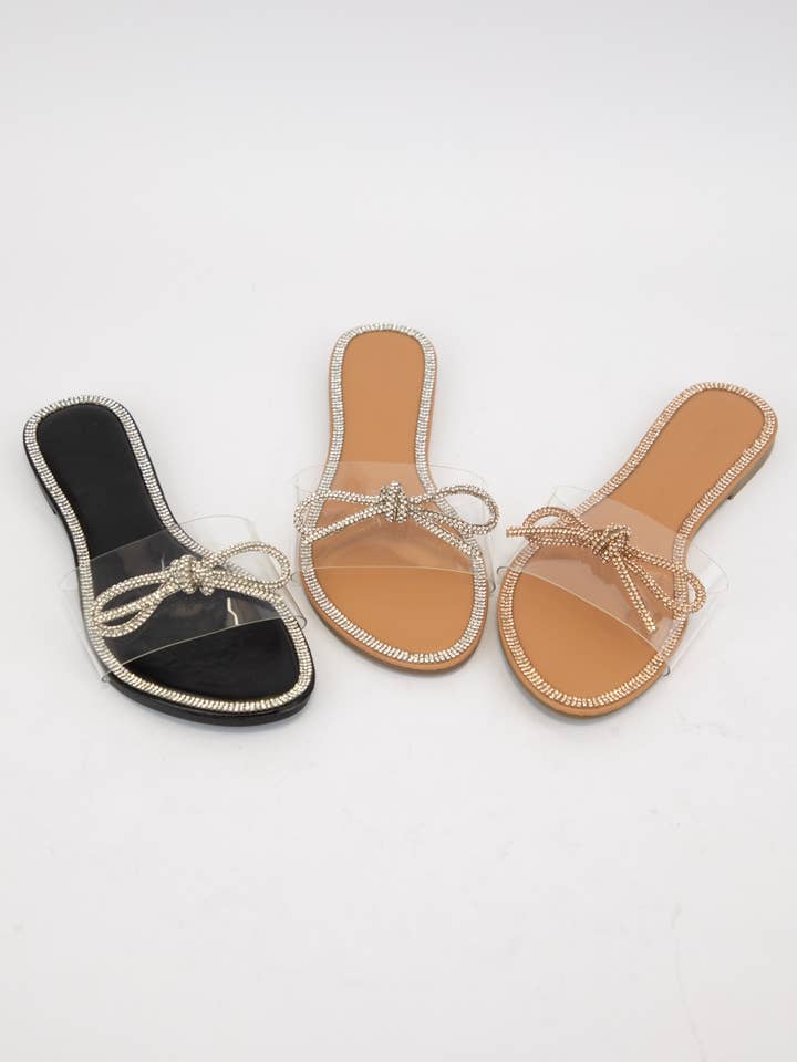 CCOCCI - Wholesale Sandals - Women's - ROO-09 RHINESTONE RIBBON ON CLEAR UPPER SLIDES
