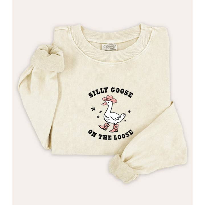 SILLY GOOSE ON THE LOOSE MINERAL WASH SWEATSHIRT for wholesale by VINTAGE POINT USA