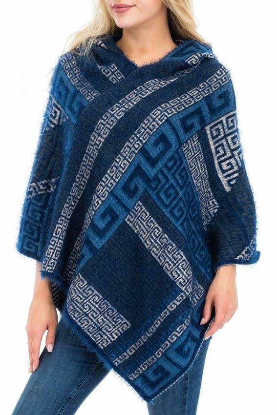 Cap Zone - Vente Poncho – femme - Poncho à capuche en faux angora Greek Key11