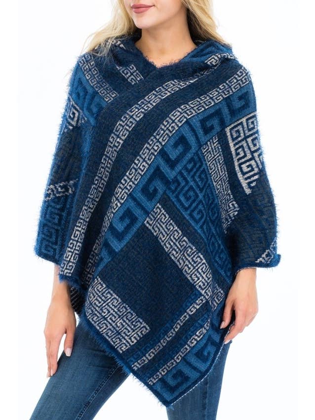 Cap Zone - Vente Poncho – femme - Poncho à capuche en faux angora Greek Key11