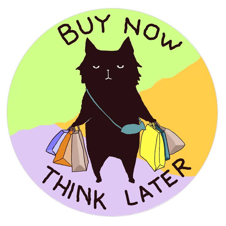 NU KOPEN DENK LATER Zwarte katten vinylsticker voor wholesale door YANCHAKO