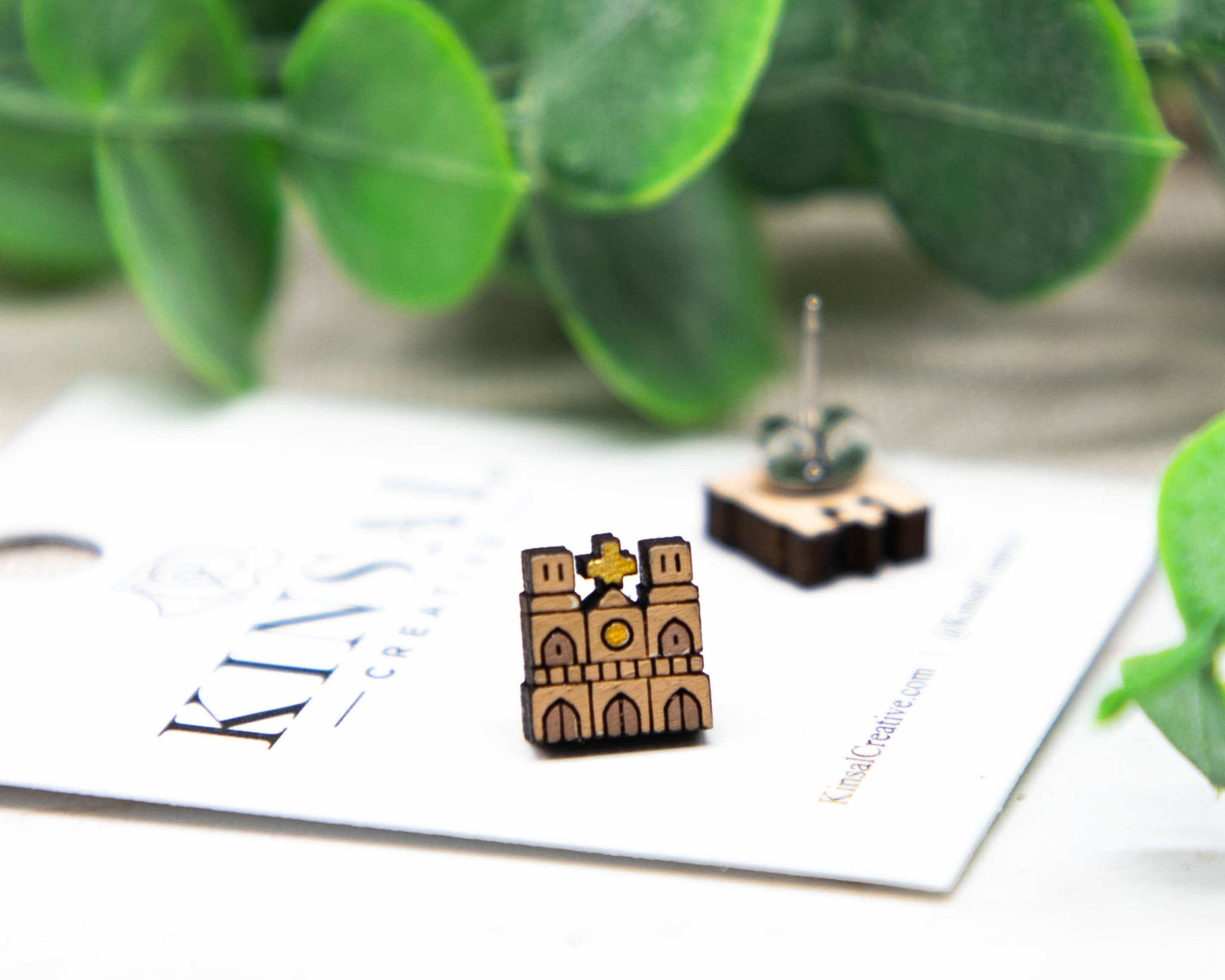 Kinsal Creative - Wholesale Stud/Post Earrings - Notre Dame Wood Stud Earrings1