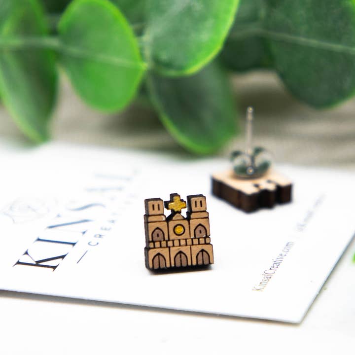 Kinsal Creative - Wholesale Stud/Post Earrings - Notre Dame Wood Stud Earrings1