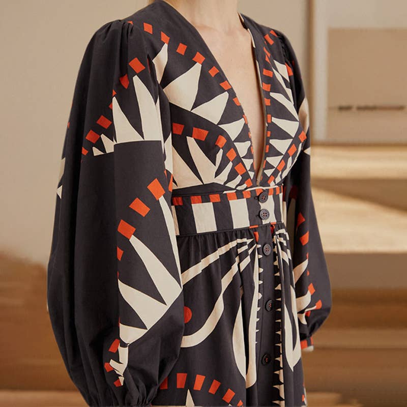 Noir ROBE IMPRIMÉE À COL EN V ET MANCHES LANTERNE en vente sur Faire2