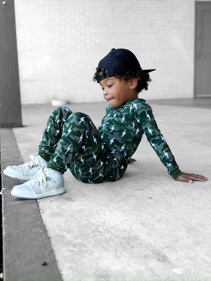 Lucky Panda Kids - Wholesale Sleepwear Set - Kids - Bamboo Two Piece Set | Green Camo Bolts6