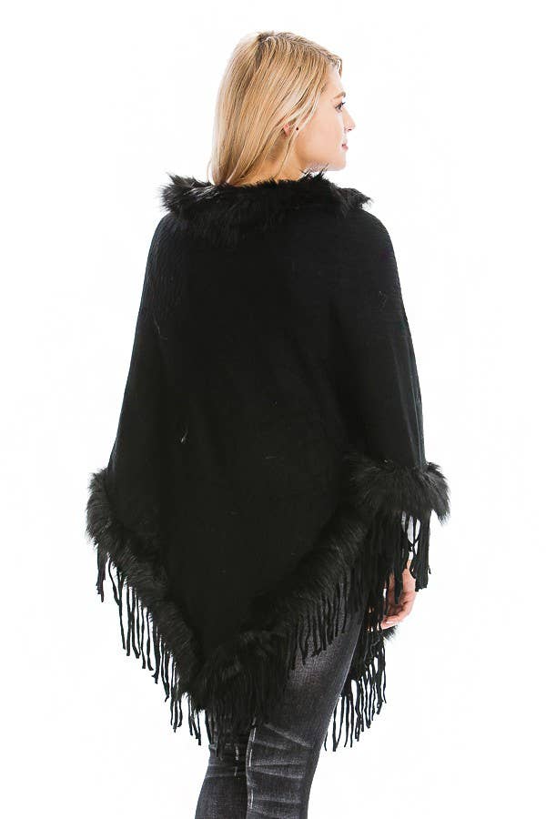 Cap Zone - Wholesale Poncho - Women's - Cable Printed Faux Fur Collar And Trimming Poncho6