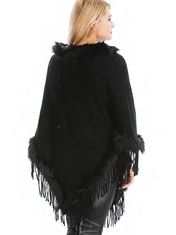 Cap Zone - Wholesale Poncho - Women's - Cable Printed Faux Fur Collar And Trimming Poncho6