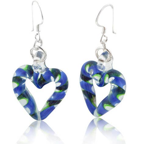 Blue and Green Twisted Glass Open Heart Sterling Silver Earrings for wholesale by Silver Insanity