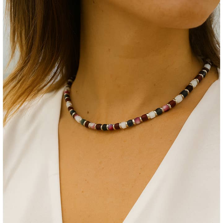 Collier perles de verre, cube avec lentille en argent, Celine pour la vente par perleperle