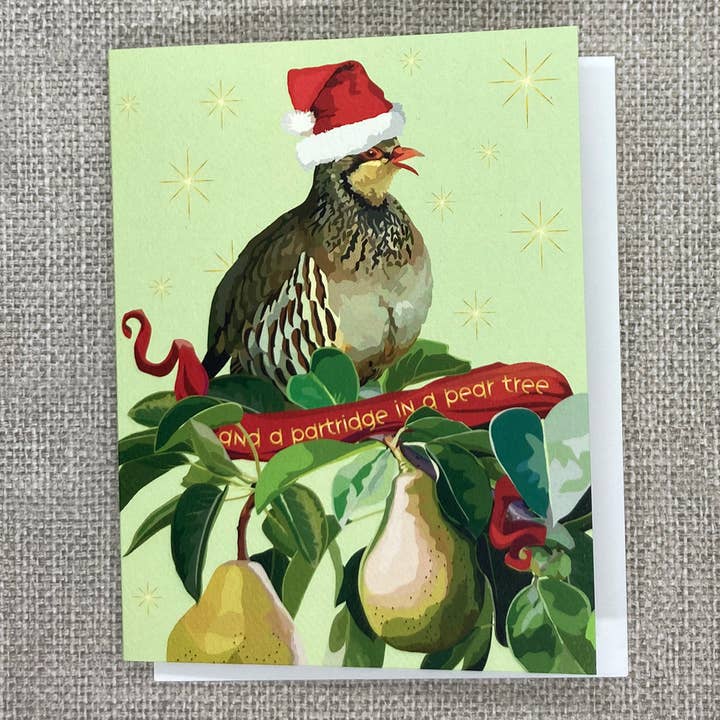 The Red Barn Press - Wholesale Christmas Card - Christmas Card | Funny Partridge Pear Tree with Santa Hat!