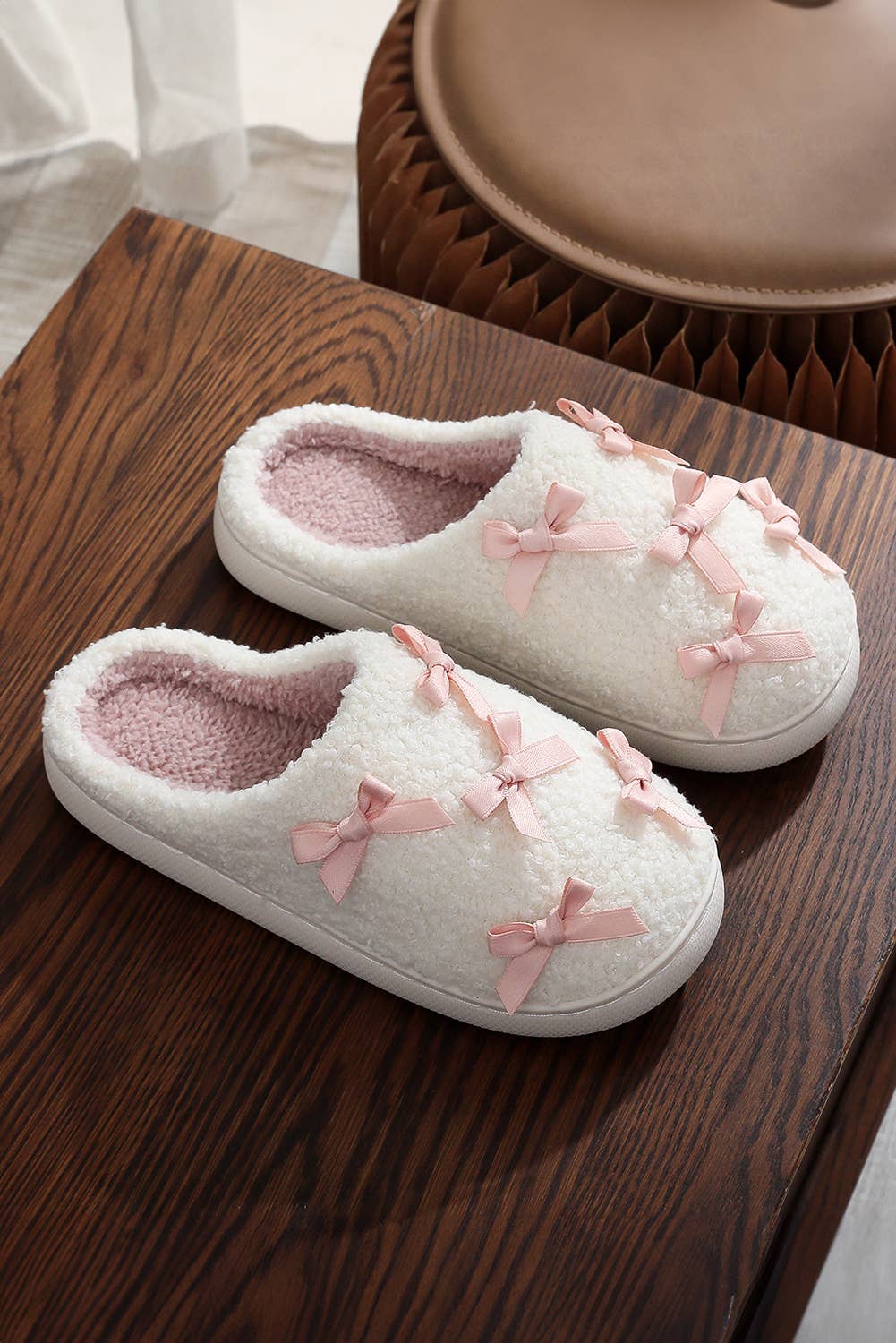As shown Bow Knot Trim Plush Slippers | US6-11 for wholesale on Faire2