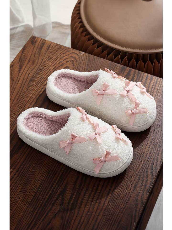 As shown Bow Knot Trim Plush Slippers | US6-11 for wholesale on Faire2