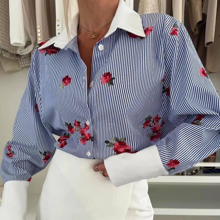 Susan Floral Striped Blouse Shirt Top-Blue and other Purchase wholesale enzo shirts. Free returns & net 60 terms on Faire trending on Faire.