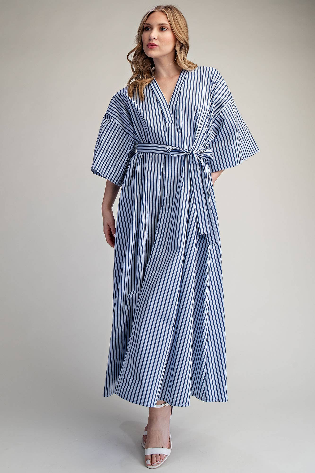 Glam - Wholesale Dress - Women's - Belted Relaxed Stripe Midi Dress1