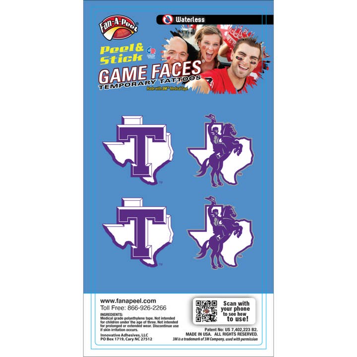 Tarleton State Game Faces® Temporary Tattoos for wholesale by Fanapeel / Gamefaces